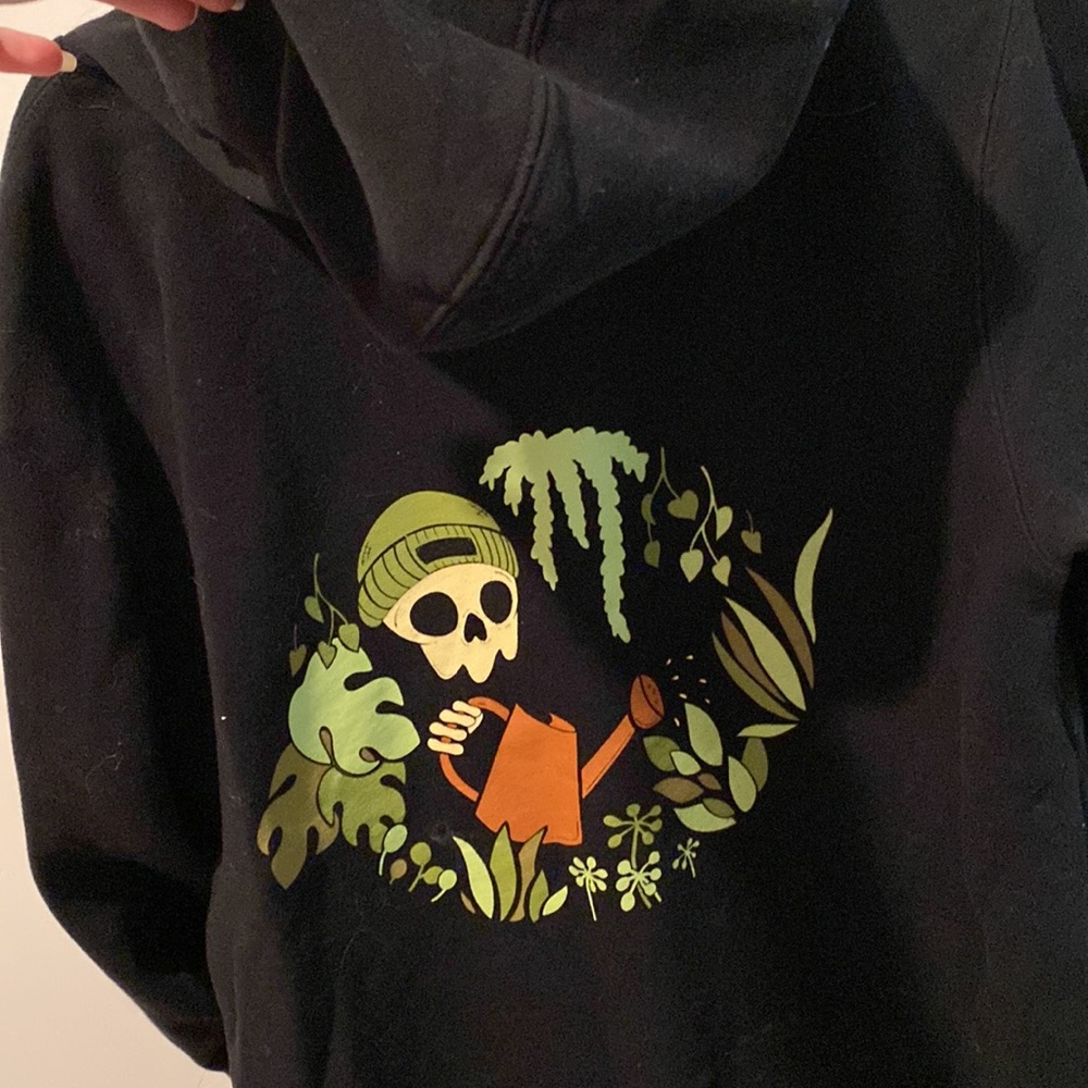 “You make me feel alive” quote hoodie with skeleton and plants